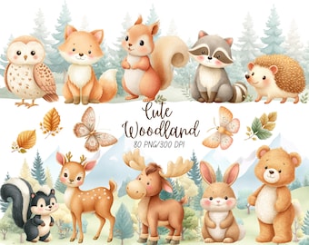 Cute Woodland Animal Clipart, Watercolor, Nursery Clipart, Forest Animals Png, Kid's Clipart, Sublimination, Commercial use, Woods