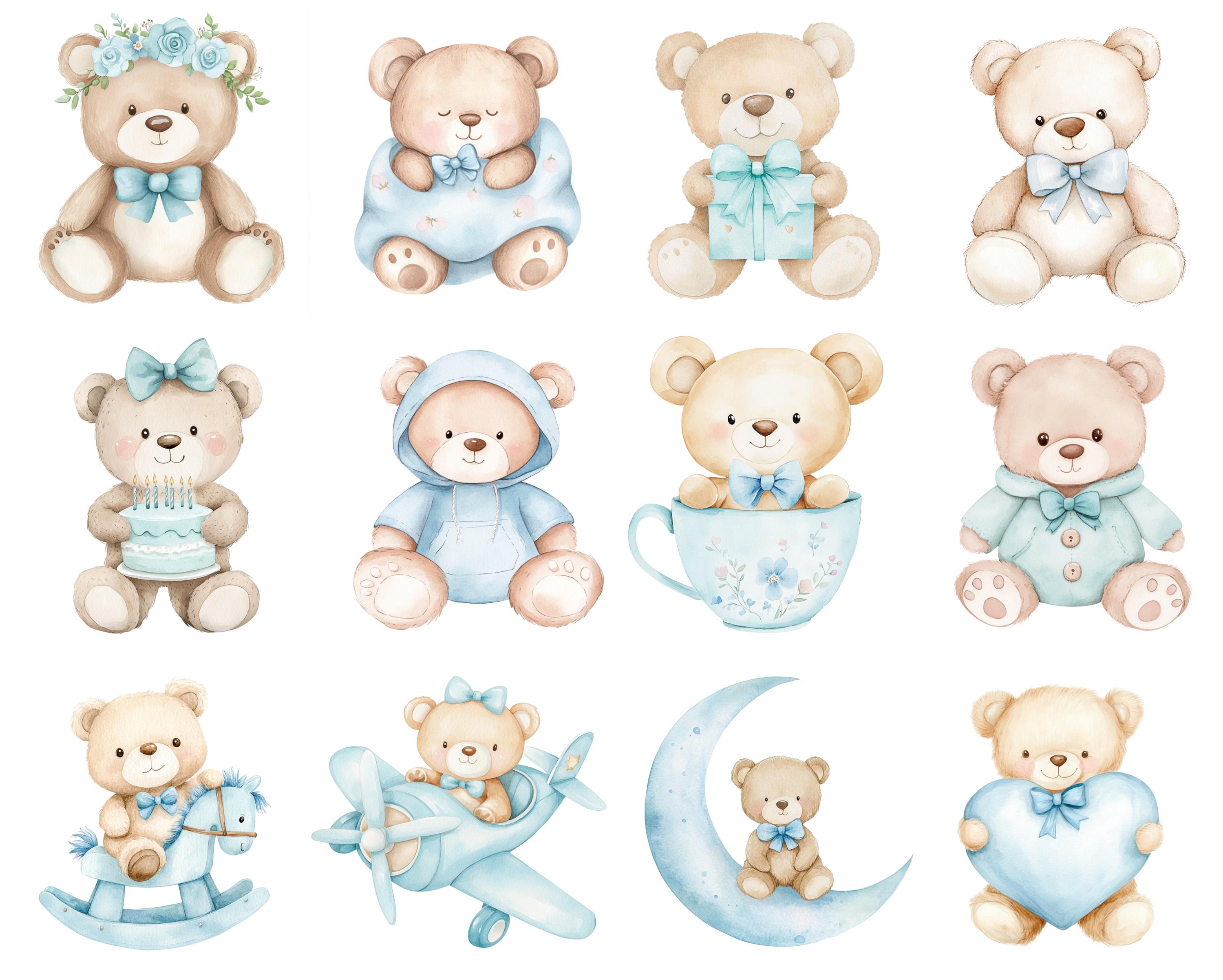 Watercolor Teddy Bear Clipart Bundle Baby Shower for a Boy Baby Blue ...