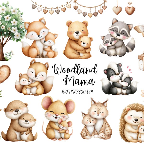 Clipart acquerello di mamma del bosco, clipart di cuccioli, clipart di animali carini, clipart di animali del bosco, clipart per baby shower, clipart per la festa della mamma