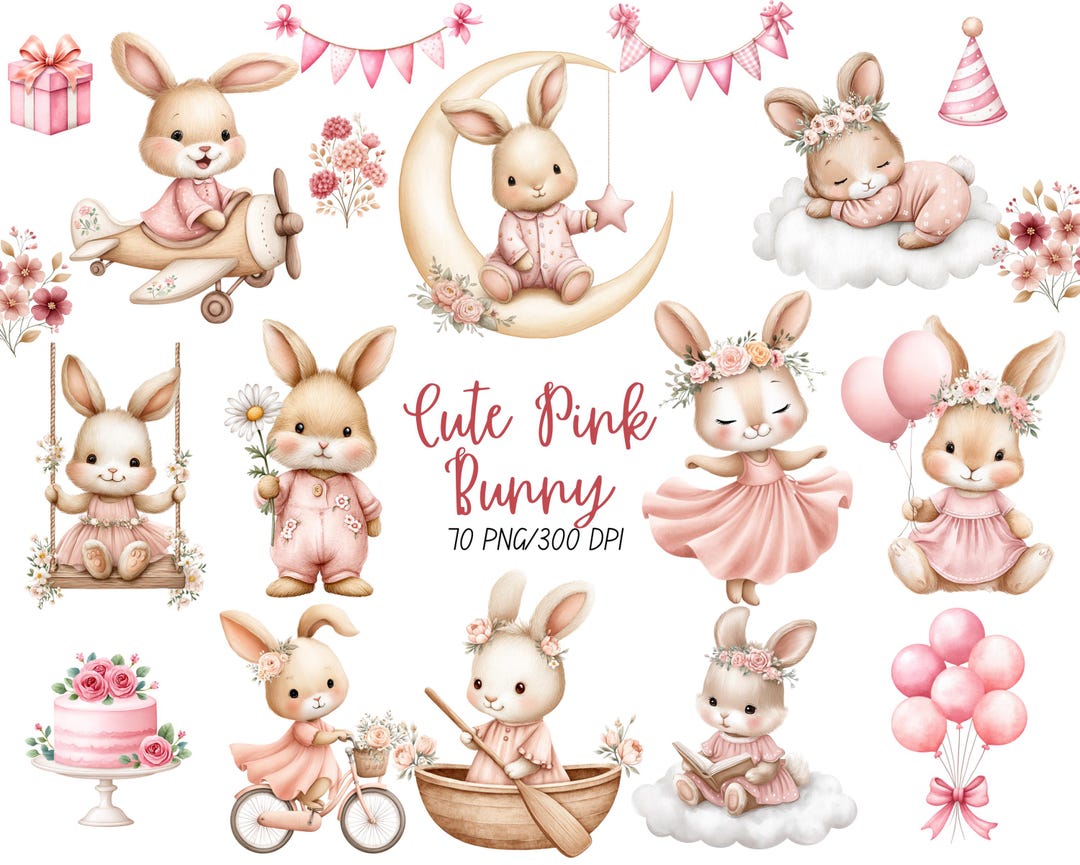 Pink Bunny Clipart,Digital Download, Baby Shower Rabbit Clip Art, Cute Watercolor Bunny Ba