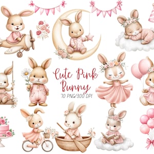 May include: A set of watercolour illustrations of cute pink bunnies in different poses. The bunnies are shown with floral crowns, riding a plane, swinging, and holding balloons. The text "Cute Pink Bunny" is also visible.