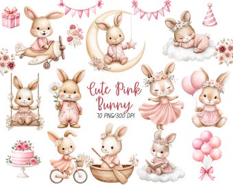 May include: A collection of watercolor illustrations featuring adorable pink bunnies in various poses. Bunnies are depicted with floral crowns, riding a plane, swinging, and holding balloons. The text "Cute Pink Bunny" is also present.