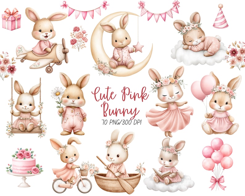 May include: A set of watercolour illustrations of cute pink bunnies in different poses. The bunnies are shown with floral crowns, riding a plane, swinging, and holding balloons. The text "Cute Pink Bunny" is also visible.