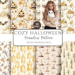 Pode incluir: Uma coleção de padrões sem costura em aquarela com tema de Halloween. Os padrões incluem morcegos, abóboras, caveiras, chapéus de bruxa, velas e elementos florais. O texto "COZY HALLOWEEN Seamless Pattern" é exibido. A imagem é rotulada como "30 PNG" e "300 DPI/3600X3600 PIXELS."