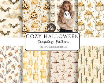 May include: A collection of watercolor seamless patterns with a Halloween theme. The patterns include bats, pumpkins, skulls, witch hats, candles, and floral elements. The text "COZY HALLOWEEN Seamless Pattern" is displayed. The image is labeled "30 PNG" and "300 DPI/3600X3600 PIXELS."