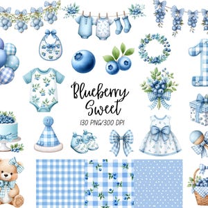 May include: A collection of watercolor illustrations with a blueberry theme. Includes baby clothes, balloons, a cake, a teddy bear, and a dress, all in shades of blue. The text "Blueberry Sweet" is also present.