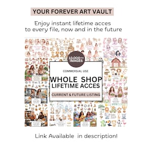 Pu&ograve; includere: Immagine promozionale per una collezione di arte digitale, con il testo "YOUR FOREVER ART VAULT" e "Enjoy instant lifetime access to every file, now and in the future." L'immagine presenta un collage di arte digitale con il testo "WHOLE SHOP LIFETIME ACCESS".