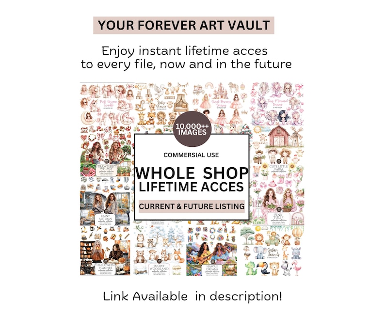 Pu&ograve; includere: Immagine promozionale per una collezione di arte digitale, con il testo "YOUR FOREVER ART VAULT" e "Enjoy instant lifetime access to every file, now and in the future." L'immagine presenta un collage di arte digitale con il testo "WHOLE SHOP LIFETIME ACCESS".