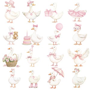 K&ouml;nnte beinhalten: Aquarellillustrationen von wei&szlig;en G&auml;nsen in verschiedenen Posen, jeweils mit rosa Accessoires wie H&uuml;ten, Schleifen und Tutus geschm&uuml;ckt. Einige G&auml;nse halten Geschenke, Luftballons oder Blumen, was eine skurrile &Auml;sthetik erzeugt.