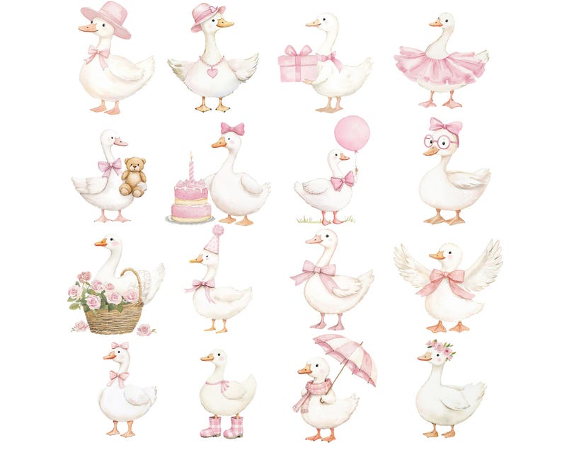 K&ouml;nnte beinhalten: Aquarellillustrationen von wei&szlig;en G&auml;nsen in verschiedenen Posen, jeweils mit rosa Accessoires wie H&uuml;ten, Schleifen und Tutus geschm&uuml;ckt. Einige G&auml;nse halten Geschenke, Luftballons oder Blumen, was eine skurrile &Auml;sthetik erzeugt.