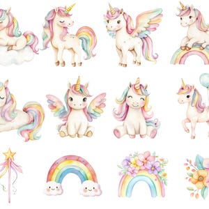 May include: A collection of watercolour illustrations featuring unicorns with rainbow manes and tails, some with wings. Also includes a rainbow, star wand, and floral arrangements. The unicorns are in various poses.
