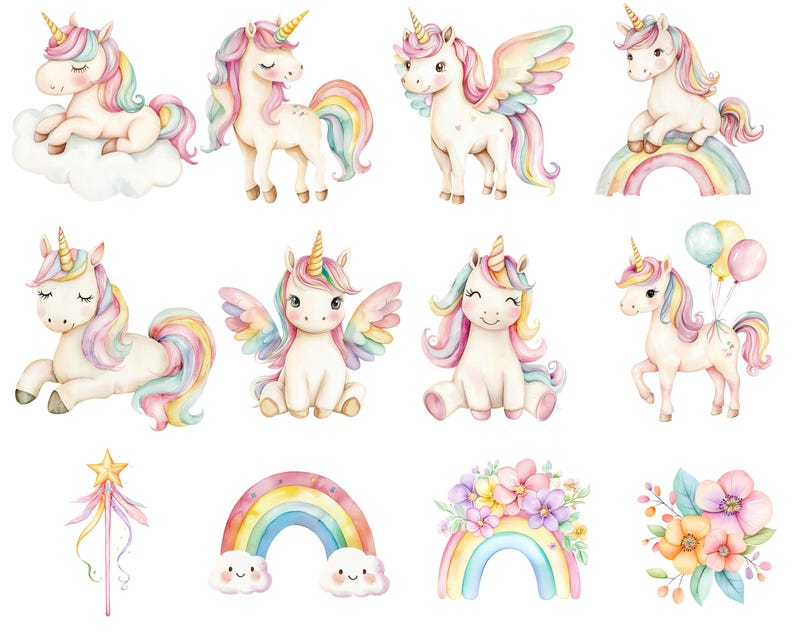May include: A collection of watercolour illustrations featuring unicorns with rainbow manes and tails, some with wings. Also includes a rainbow, star wand, and floral arrangements. The unicorns are in various poses.