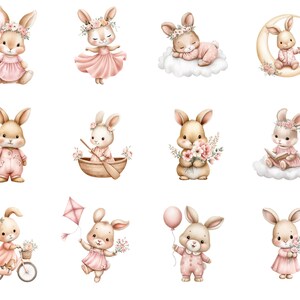 May include: A set of watercolour illustrations of cute bunnies in different poses. The bunnies wear floral crowns and pink outfits. Some hold balloons, flowers, or a kite, while others are in a boat or on a cloud. The illustrations have a soft, pastel colour palette.