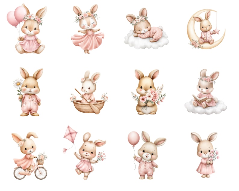 May include: A set of watercolour illustrations of cute bunnies in different poses. The bunnies wear floral crowns and pink outfits. Some hold balloons, flowers, or a kite, while others are in a boat or on a cloud. The illustrations have a soft, pastel colour palette.