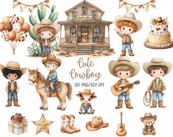 May include: Watercolor illustration featuring a collection of cute cowboy-themed elements. Includes cartoon cowboys, a horse, a Sheriff's office, a cake, balloons, a guitar, boots, a star, a teddy bear, and a calf. The text reads "Cute Cowboy".