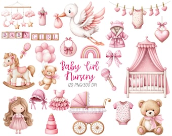Pink Boho Nursery Clipart: Watercolor Baby Girl Animals (Digital Download)