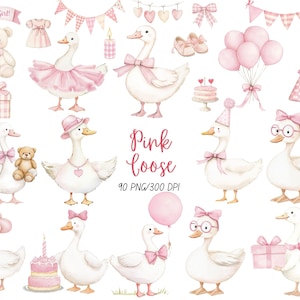 Könnte beinhalten: Aquarellillustration mit weißen Gänsen, die mit rosa Schleifen, Hüten und Accessoires geschmückt sind. Das Bild enthält einen Teddybär, Luftballons, einen Kuchen und den Text "It's a Girl!" und "Pink Goose". Ideal für Babypartys und Feiern.