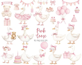 Watercolor Girly Goose Clipart, Pink Silly Goose PNG, Coquette nursery decor, Boho Baby Shower Clip Art, Baby Girl Birthday PNG, Digital
