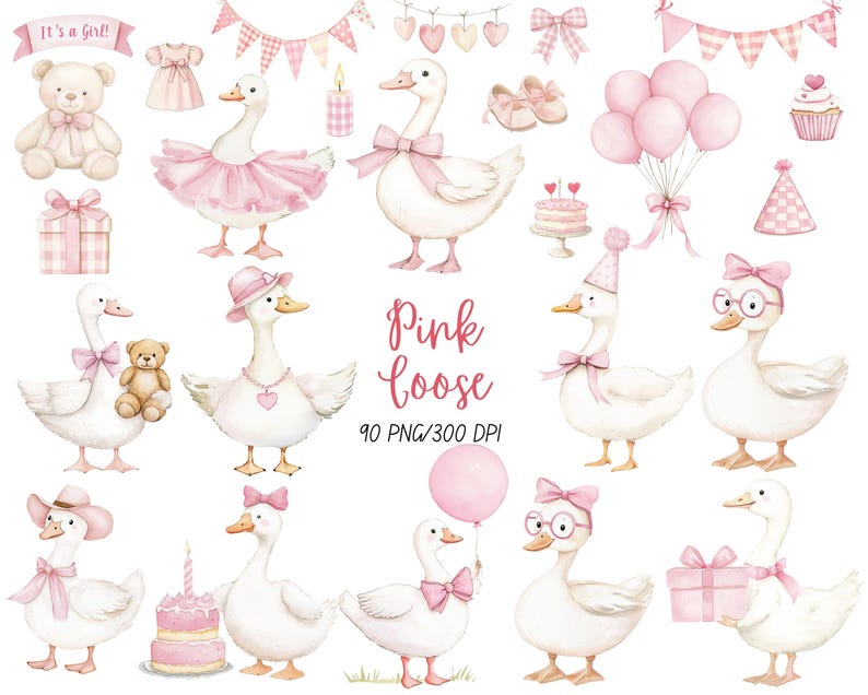 K&ouml;nnte beinhalten: Aquarellillustration mit wei&szlig;en G&auml;nsen, die mit rosa Schleifen, H&uuml;ten und Accessoires geschm&uuml;ckt sind. Das Bild enth&auml;lt einen Teddyb&auml;r, Luftballons, einen Kuchen und den Text "It's a Girl!" und "Pink Goose". Ideal f&uuml;r Babypartys und Feiern.