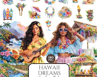 Clipart hawaiano de acuarela, PNG de vacaciones de verano, ambiente playero y floral, clipart de viajes, scrapbooking, descarga digital