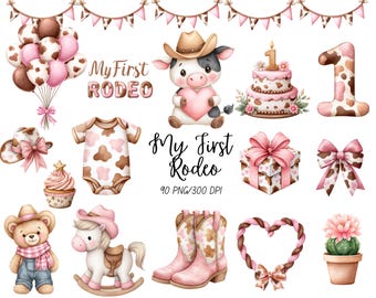 Mi primer cumpleaños de rodeo, imágenes prediseñadas de vaquera, baby shower de niña estilo western, botas de vaquero, cumpleaños del Lejano Oeste (PNG), vaquera rosa, PNG