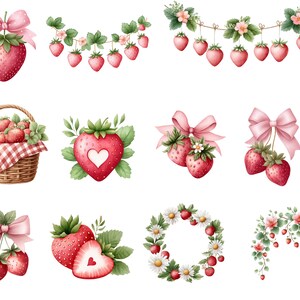 May include: Watercolor illustrations of strawberries in various arrangements. Includes a strawberry with a pink bow, a garland of strawberries, a basket of strawberries, and a strawberry heart with a white heart cutout.
