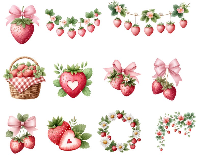 May include: Watercolor illustrations of strawberries in various arrangements. Includes a strawberry with a pink bow, a garland of strawberries, a basket of strawberries, and a strawberry heart with a white heart cutout.
