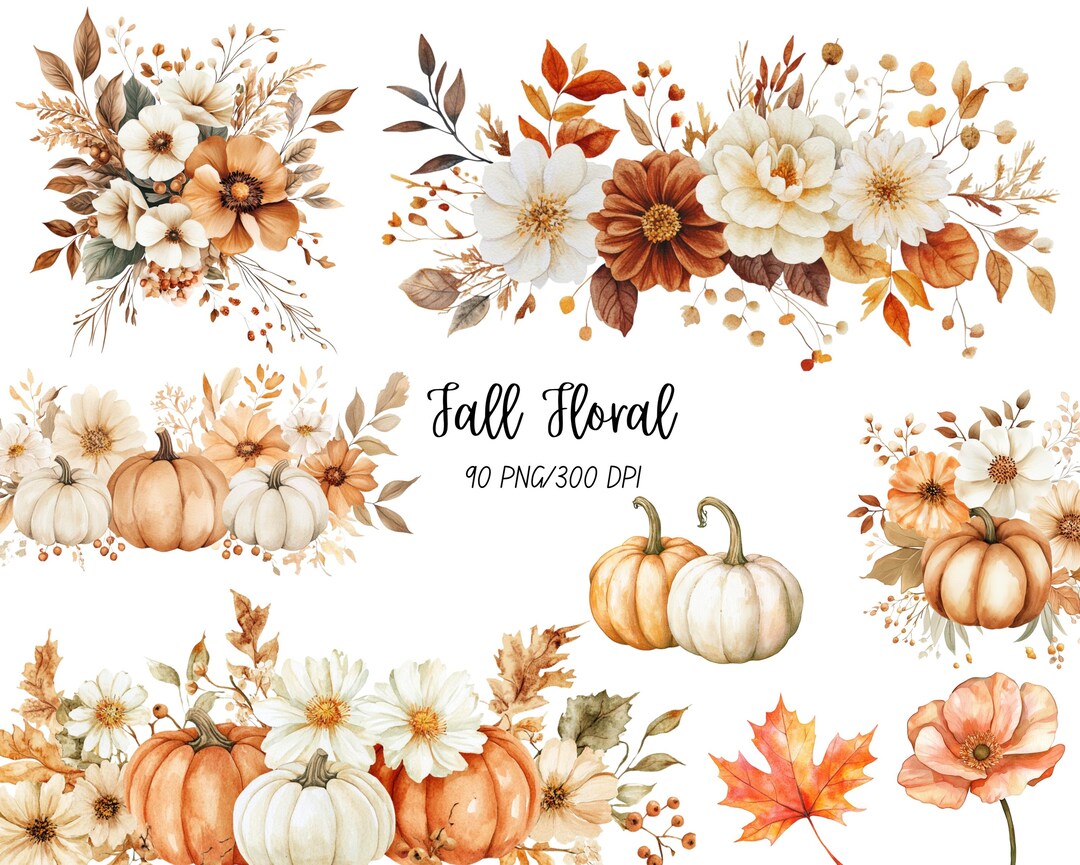 Watercolor Pumpkin & Flower Clipart Set | Autumn Bouquet PNG Digital ...