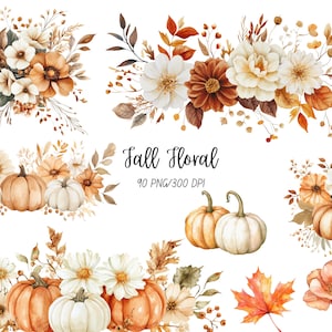 Conjunto de Clipart de Abóbora e Flor em Aquarela | Buquê de Outono em PNG para Download Digital, Ideal para Artesanato de Outono, Scrapbooking, Dia de Ação de Graças e Decoração de Outono