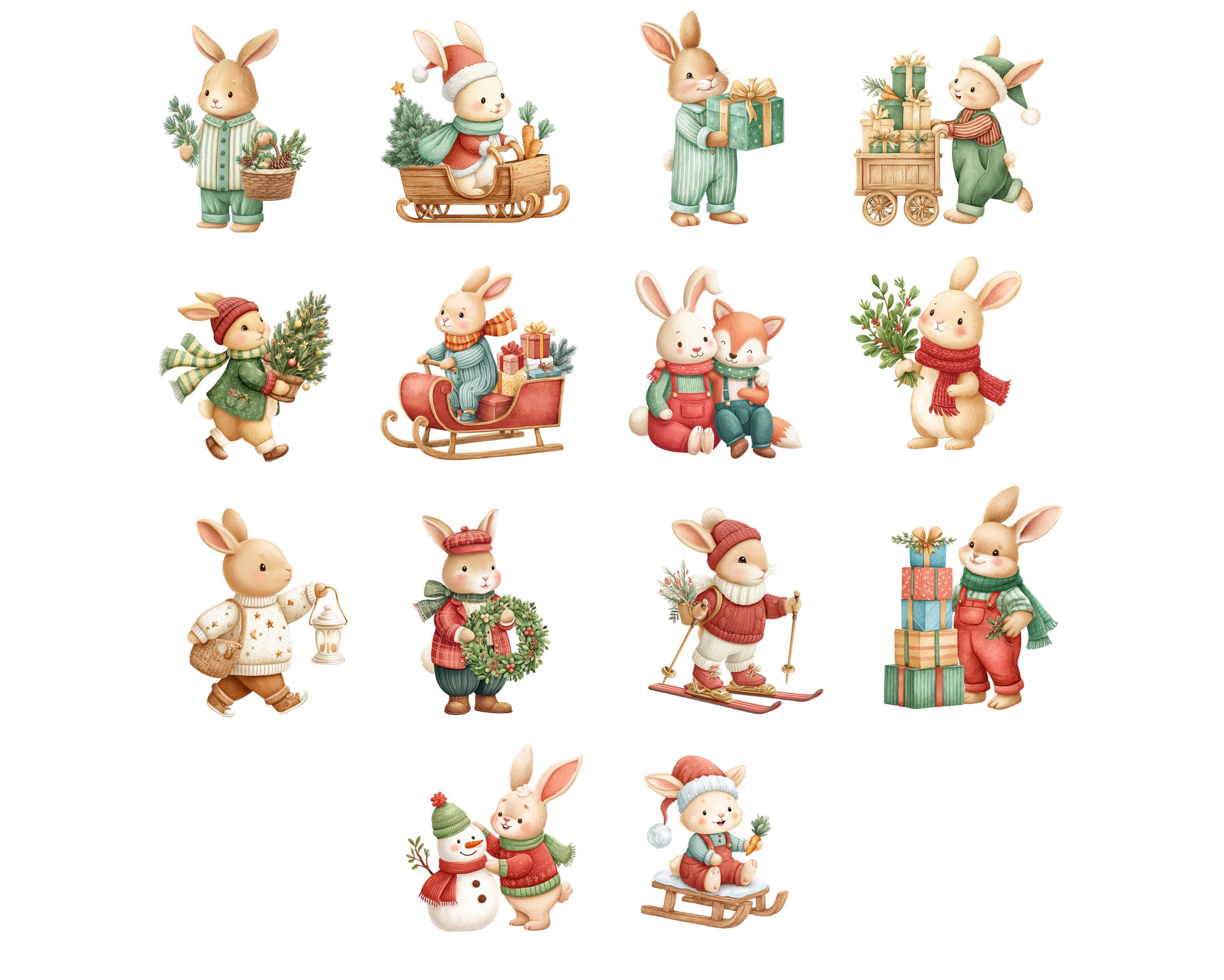 Christmas Bunny Clipart: Festive Holiday Bunnies PNG (digital Download ...
