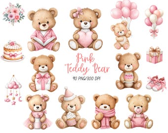 Pink Teddy Bear PNG Watercolor Teddy Bear Clipart Pink Baby Shower Clipart Gender Reveal PNG It's a Girl Png Baby Nursery Clipart Baby Girl