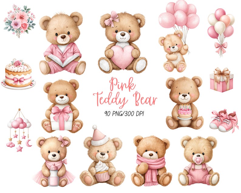 Pink Teddy Bear PNG Watercolor Teddy Bear Clipart Pink Baby Shower ...