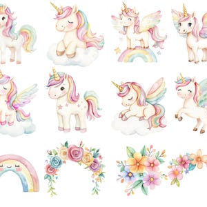 May include: Watercolour illustrations of unicorns with rainbow manes and tails, some with wings, and a rainbow. The unicorns are in various poses, including standing, sitting on clouds, and flying. Also included are floral arrangements.