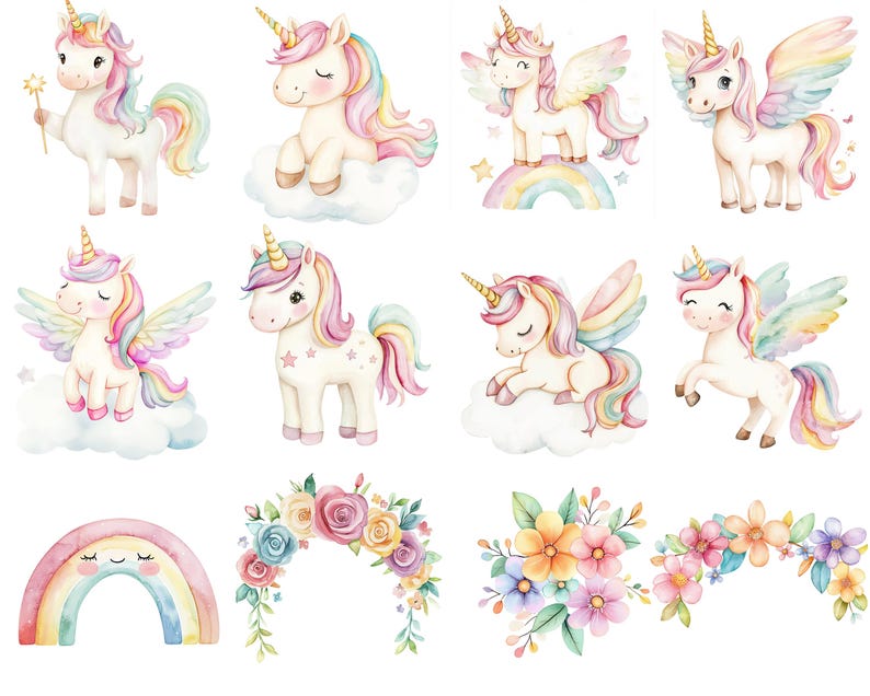 May include: Watercolour illustrations of unicorns with rainbow manes and tails, some with wings, and a rainbow. The unicorns are in various poses, including standing, sitting on clouds, and flying. Also included are floral arrangements.