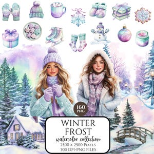 May include: Watercolor illustration of a winter scene with two women, winter accessories, and a snowy landscape. The image includes mittens, a hat, a mug, snowflakes, boots, gifts, cookies, ice skates, socks, a snowman, ornaments, and a candle. The text reads "WINTER FROST watercolor collection".