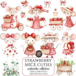 Erdbeer Maus Clipart PNG, süße Mäuse Frühling Cottagecore, Farmcore Erdbeeren, süßes Tier Clip Art, sofortiger Download
