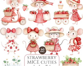 Strawberry Mouse Clipart PNG, Cute Mice Spring Cottagecore, Farmcore Strawberries, Sweet Animal Clip Art, Instant Download