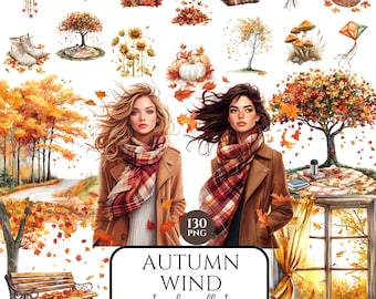 Watercolor Autumn Clipart, Fall Windy Days PNG Bundle, Cozy Cottagecore Fall, Pumpkins, Digital Download, Commercial Use