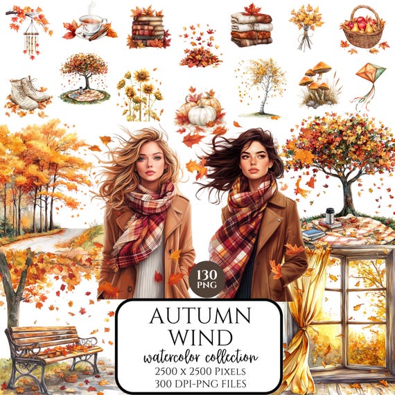 Watercolor Autumn Clipart, Fall Windy Days PNG Bundle, Cozy Cottagecore Fall, Pumpkins, Digital Download, Commercial Use