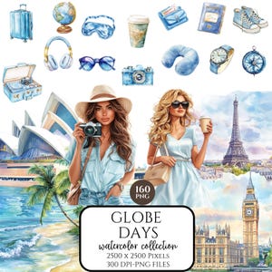Clipart de viajante em aquarela, Garota com sede de viajar, Viagem de verão PNG, Adesivos digitais, Scrapbooking, Uso comercial