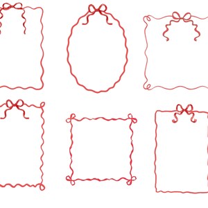 Puede incluir: Seis marcos de cinta roja en varias formas: rectangular, ovalada y cuadrada. Cada marco presenta un lazo en la parte superior y un borde ondulado. Los marcos est&aacute;n vac&iacute;os, perfectos para agregar texto o im&aacute;genes.