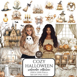Watercolor Cozy Halloween Clipart, Soft Neutral Halloween PNG, Autumn Ghosts, Spooky Cozy Aesthetic, Digital Download, Commercial Use