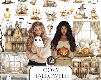 May include: A watercolor collection of cozy Halloween-themed illustrations. The image features various elements like a haunted house, pumpkins, ghosts, and a witch's hat. The text "COZY HALLOWEEN watercolor collection" is also present.