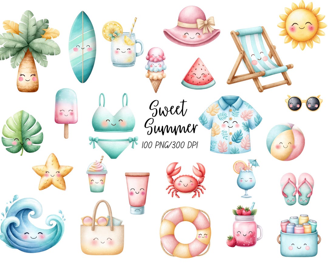 Cute Summer Clipart Watercolor PNG, Kawaii Pastel Beach Icons, Summer ...