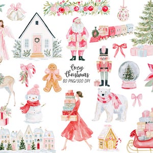 Puede incluir: Una colección de ilustraciones navideñas en acuarela que incluye a Santa Claus, un cascanueces, un muñeco de nieve, un oso polar, un reno, un hombre de jengibre, una persona cargando regalos, casas, un tren, un árbol y obsequios con el texto cozy christmas 80 PNG/300 DPI.