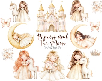 Clipart de princesa y unicornio en acuarela, clipart de luna y princesa, clipart de pegaso, unicornio, castillo, guardería del reino