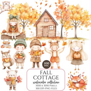 Op de afbeelding: Waterverfillustratie met een herfstcottage-thema. De afbeelding bevat cartoonkinderen, dieren en een houten hut, allemaal omringd door herfstbladeren. De tekst "Fall Cottage watercolor collection" is ook aanwezig.