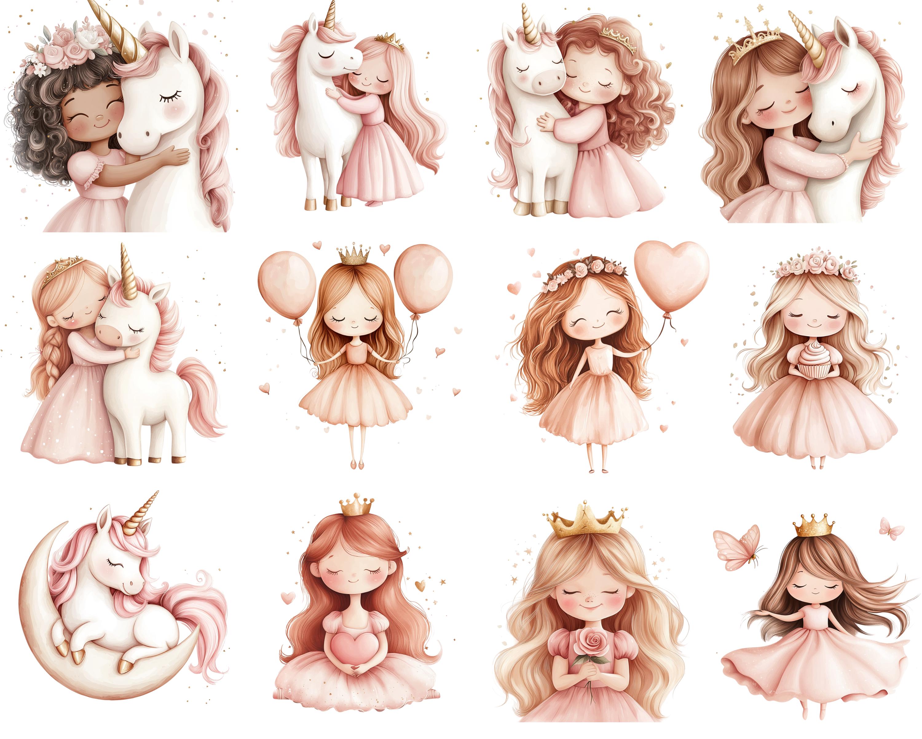 Cute Unicorn and Princess Clipart, Pink and Gold Balloon PNG, Pastel ...