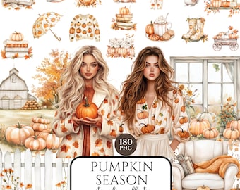 Watercolor Pumpkin Season Clipart Set, Fall Clipart, Pumpkin Clipart, Cozy Autumn Cottagecore Clipart, Farmhouse Fall PNG, Digital Download
