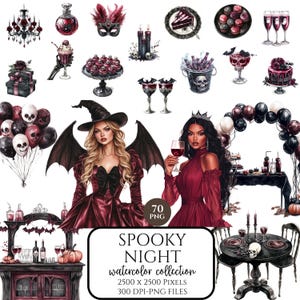 Watercolor Spooky Night Clipart, Spooky Halloween Clip Art, Halloween costumes png, treat or treat clipart, Halloween Party,Digital stickers